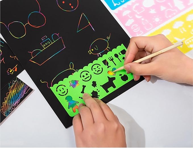 Cityrosy 32 pcs Drawing Stencils,Rainbow Scratch Paper for Stencils, Kids Activity Kit,Suitable for Classroom,Birthday,Party