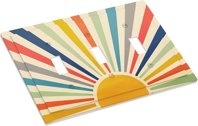 Yellow Orange Rainbow Mid Century 3 Gang Light Switch Cover Boho Sun 70s 60s Decorative Triple Toggle Outlet Wall Plate Cover Retro Vintage Retro Sunshine Sunrise Sunset Electrical Switch Face Plate
