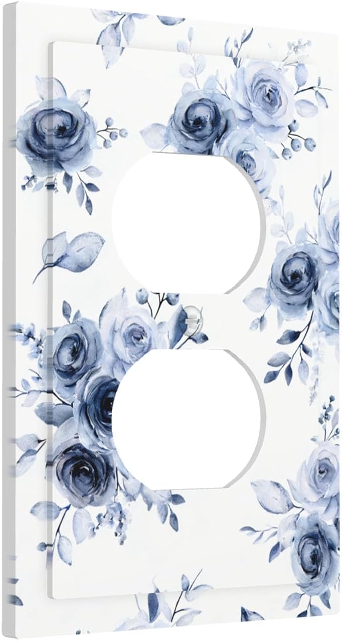 Watercolor Blue Roses Duplex Wall Plate - 1-Gang Standard US Size Serene Floral Outlet Covers, French Country Vintage Bouquet for Farmhouse Homes