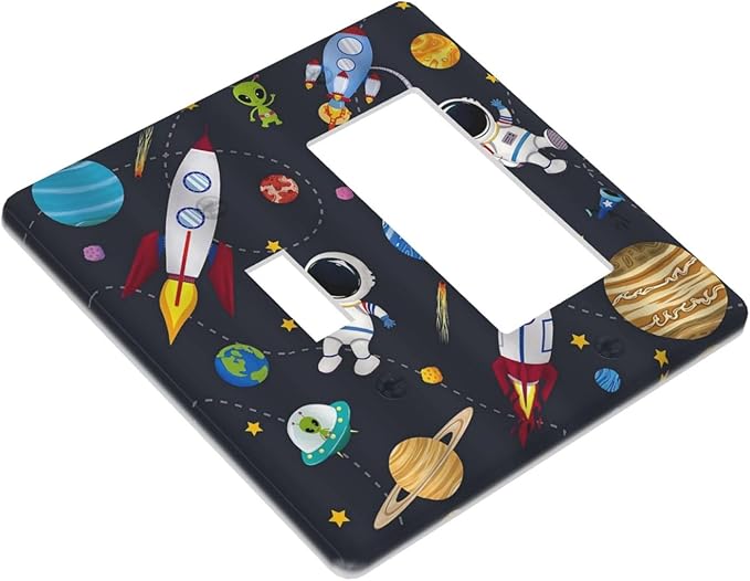 Rocket Planets Astronaut Blue Decorative 2 Gang Light Switch Covers Single Toggle Rocker Combo Wall Plate Electrical Faceplate Decorative Switchplate for Nursery Kidsroom Bedroom Decor