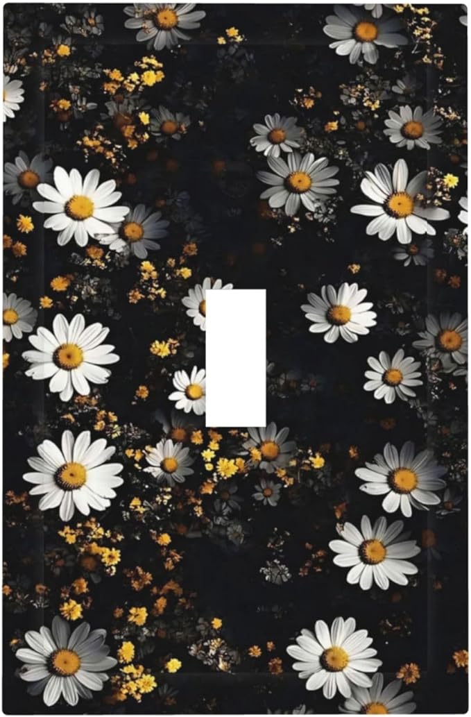 White Black Daisy Wildflower Modern Chrysanthemum Decorative Light Switch Cover 1 Gang Single Toggle Device Electrical Faceplate Switchplates Decorator Outlet Wall Plate for Bedroom Farmhouse Decor