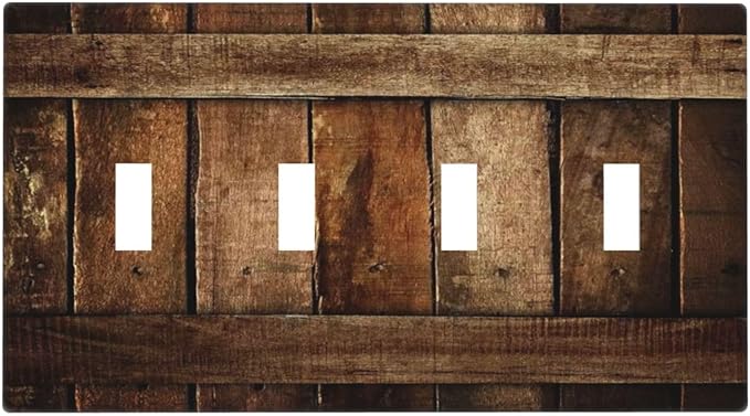 Brown Wooden Barn Door Old Wood Print Light Switch Covers Quad Toggle Electrical Faceplate 4 Gang Wall Plate Decorative Switch Plates for Farmhouse Home Decor