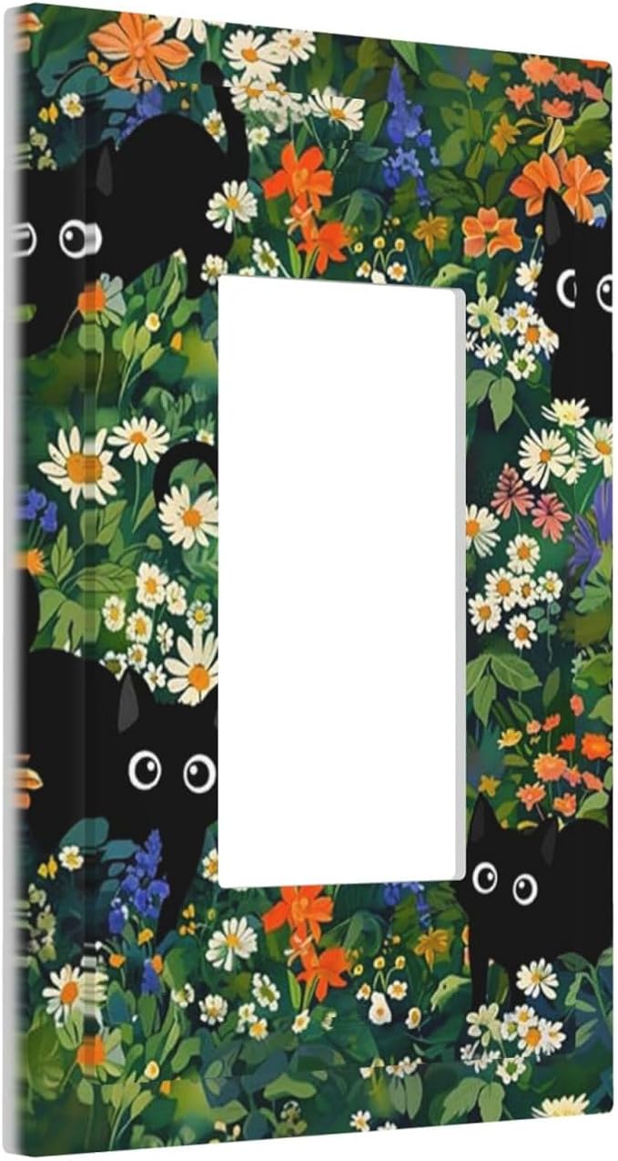 Funny Chic Cartoon Boho Cute Black Cat 1-Gang Decorator Rocker Outlet Light Switch Cover Green Floral Flower Kid Boys Vintage Decorative Single Device GFCI Receptacle Switch Wall Plate Dimmer Mid Size