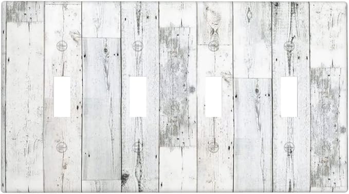 Grey White Wood 4 Gang Light Switch Cover Decorative Quad Toggle Wall Plate Decorative Electrical Faceplate for Kitchen Home Barn Farmhouse Decorate Large 8" x 4.5