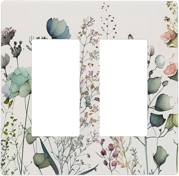 Watercolor Aqua Blue Flower Decorative Rocker GFCI Light Switch Cover 2-Gang Electrical Double Decorator Wall Plate Beige/Tan Floral Wildflower Blossom Herb Switches Faceplate Cover Dimmer Screwless