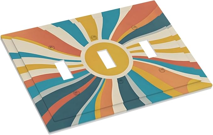 Decorative Switch Plate Cover with Retro Mid-Century Modern Sunburst Motif Design 3 Gang Artistic Wall Plate Unique Triple Toggle Light Switch Covers for Abstract Teal/Yellow/Orange Wall