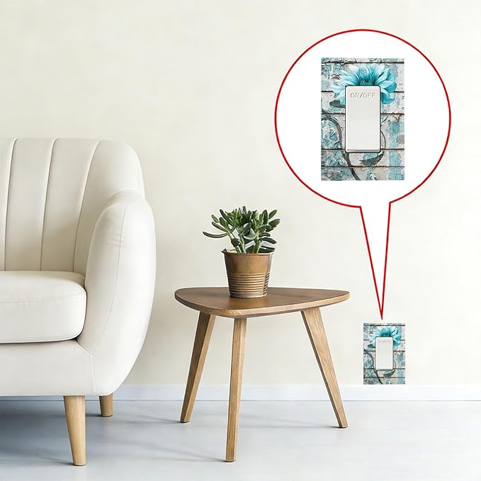 Vintage Floral Single Rocker Switch Cover - 1-Gang Standard US Size Rustic Farmhouse Teal Flower Distressed Brick Light Switch Covers for Bedroom Bathroom Decor