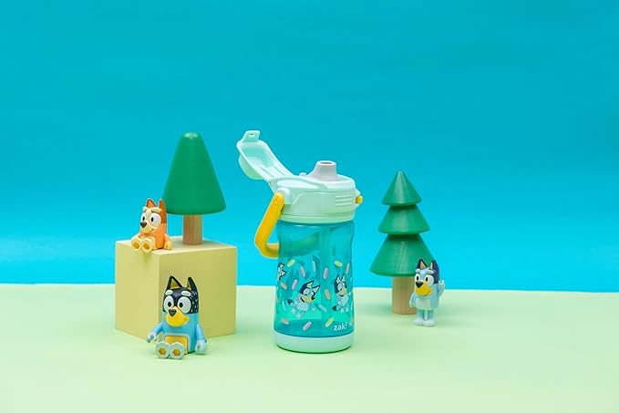 Zak Designs Bluey Beacon Kids Water Bottle for Travel or At Home, 12oz Plastic is Durable and Leak-Proof with Liquid Lock Spout, Cover, Carry Handle, Protective Base (Bluey)