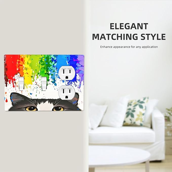Cat Rainbow 2 Toggle 1 Duplex Receptacle Outlet Cover Wall Plate Decorative 3 Gang Light Switch Covers Electrical Switchplate Home Decorate Faceplat for Bathroom Bedroom Kitchen Room 4.5 x 6.4 Inch