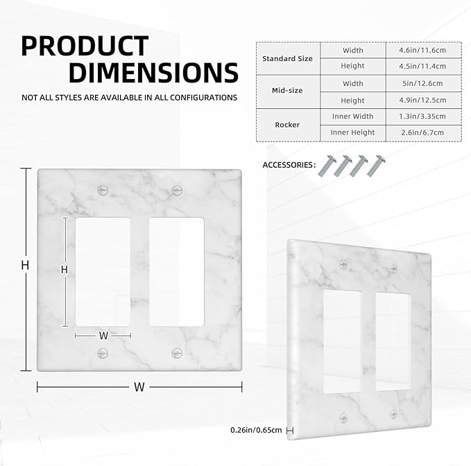 Faux White Marble Printed Double Gang Rocker Decorative Light Switch Cover, 2-Gang Wall Plate Outlet Cover
