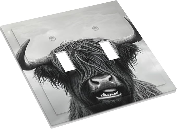 Highland Cow Black & White Portrait Double Toggle Switch Cover - 2-Gang Standard US Size Playful Farm Animal Light Switch Covers for Living Room Decor