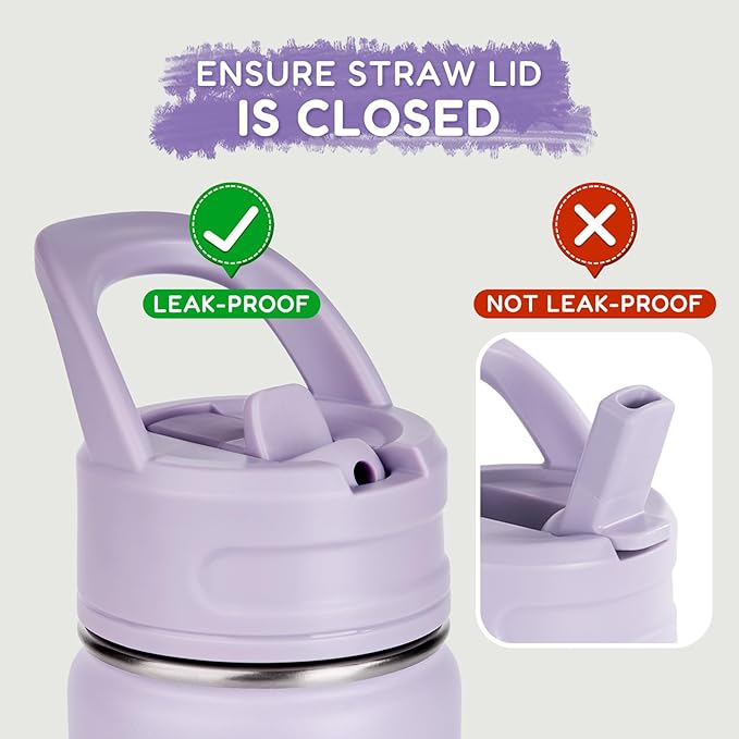 Fijinhom 12oz Kids Water Bottle for School, Toddler Bottles with Straws, Stainless Steel Vacuum Insulated Water Bottle for Boys&Girls, Leak-Proof, BPA-Free, Lavender