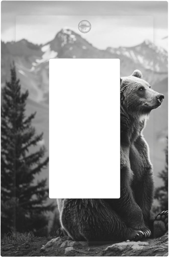 Light Switch Cover Plate Black White Bear Mountain Pine Trees Wilderness 1 Gang Outlet Covers Single Rocker Decorative Switch plates Electrical Wall Plates GFCI Receptacle for Bathroom Bedroom