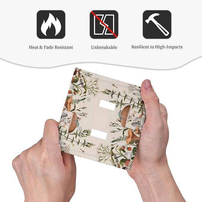 Boho Mushroom Forest Plants Wildflowers Insects Decorative Switch Plates 2 Gang Double Toggle Outlet Light Switch Cover Wall Plate Electrical Faceplate for Kids Room Home Decor