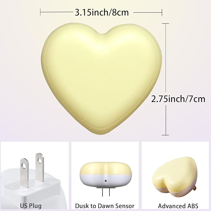INZU Cute Night Light, Heart Night Light for Kids, LED Nightlight with Auto Dusk to Dawn Sensor, Nightlight Plug into Wall with Soft Warm Light for Bedroom, Nursery, Bathroom, Hallway (Yellow)