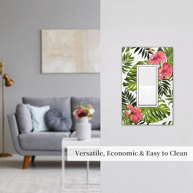 Tropical Plant Green Palm 1 Gang Light Switch Cover Single Rocker/Gfci Device Decorative Wall Plate Standard Size Receptacle Banana Leaves Pink Flower Rainfores Jungle Botanical Outlet Cover Plates