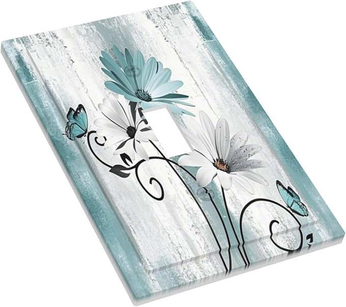 Light Switch Cover Plate Teal Daisy Floral Butterfly Vintage Wood 1 Gang Single Toggle Decorative Switch Plates Wall Plates Electrical Faceplate Socket Covers for Bathroom Bedroom Decor