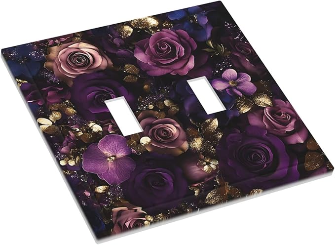 Decorative Switch Plate Cover with Luxurious Purple Roses Gold Accents Leaves Design 2 Gang Wall Plate Unique Double Toggle Double Light Switch Covers for Romantic Bedroom/Living Room Decor
