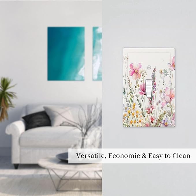 Pink Floral Wild Flowers Watercolor Plants Decorative Light Switch Cover 1 Gang Single Toggle Device Electrical Faceplate Switchplates Decorator Outlet Wall Plate for Bedroom Living Room Decor