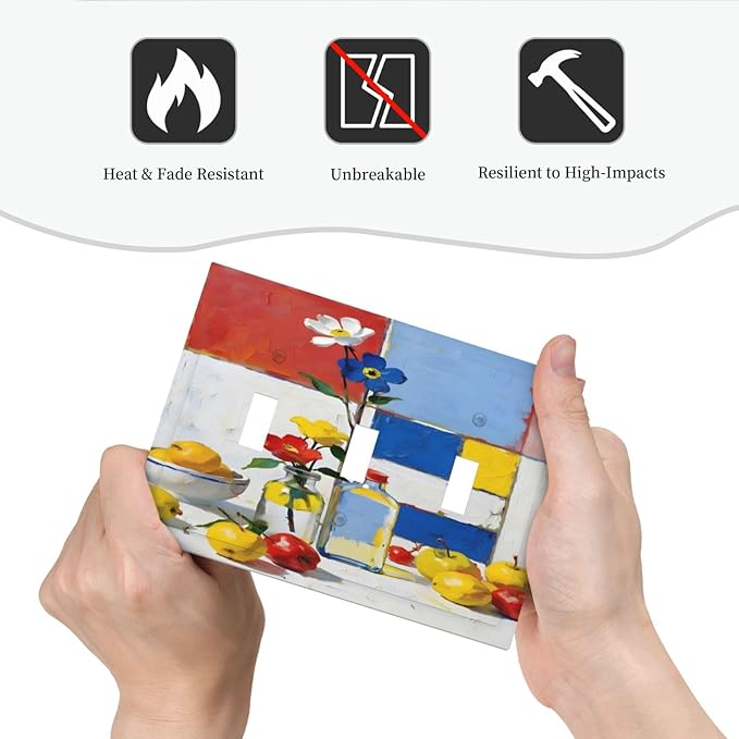Color Block Floral Still Life Art Red Yellow Blue Abstract Decorative Switch Plates 3 Gang Wall Plate Triple Toggle Light Switch Cover Faceplate Electrical Wall Panels for Farmhouse Bedroom Decor