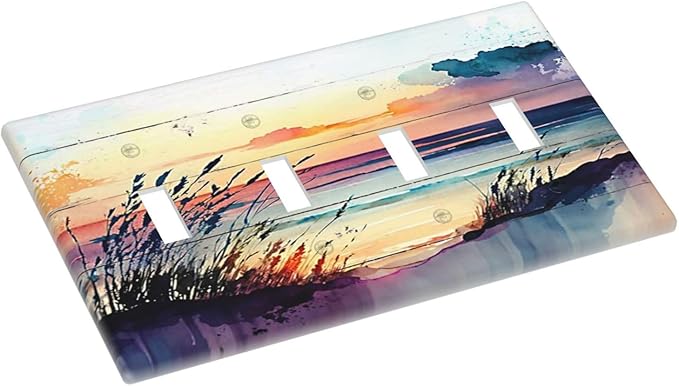 Light Switch Cover Sunset Beach Abstract Watercolor 4 Gang Switch Plate Quad Toggle Wall Plates Nature Coastal Decorative Switchplate Electrical Outlet Cover Plates for Bathroom Home Decor