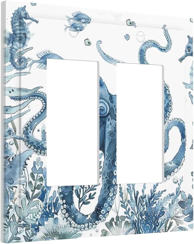 Blue Octopus Squid Seahorse Coral Watercolor Wild Sealife Decorative Outlet Covers 2 Gang Double GFCI Rocker Electrical Wall Panels Light Switch Cover Plate for Bathroom Kids Room Decor