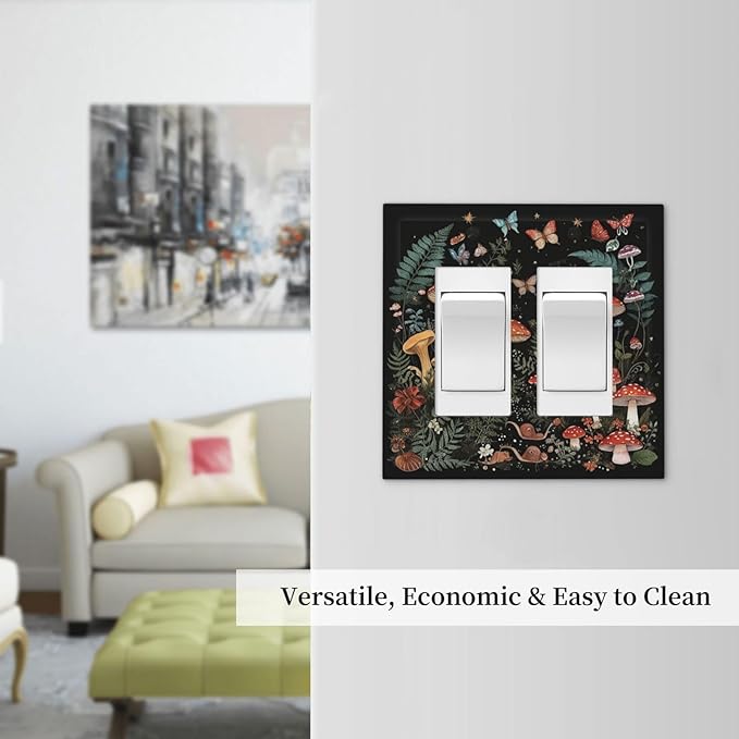 Cartoon Floral Mushroom forest Butterfly Flowers Decorative Outlet Covers 2 Gang Double Gfci Rocker Electrical Wall Panels Light Switch Cover Plate for Bedroom Kids Room Decor