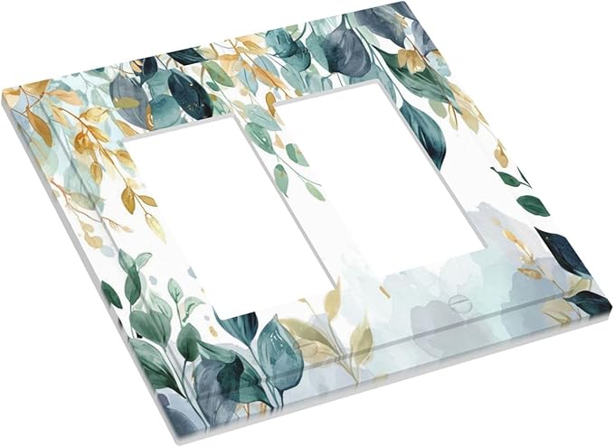Boho Goldgreen Leaf Botanical Eucalyptus Leaves Decorative Outlet Covers 2 Gang Double GFCI Rocker Electrical Wall Panels Light Switch Cover Plate for Bedroom Living Room Decor