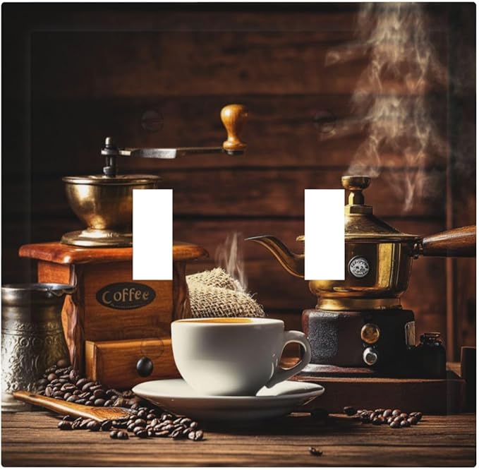 Decorative Switch Plate Cover with Vintage Coffee Retro Grinder Artwork Design 2 Gang Wall Plate Unique Double Toggle Double Light Switch Covers for Rustic Kitchen Decor
