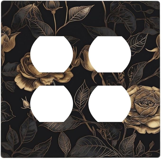 Black Floral Dark Vintage Gold Rose Flower Outlet Covers 2 Gang Double Duplex Decorative Light Switch Covers Electrical Wallplates Socket Faceplate for Bedroom Living Room Decor
