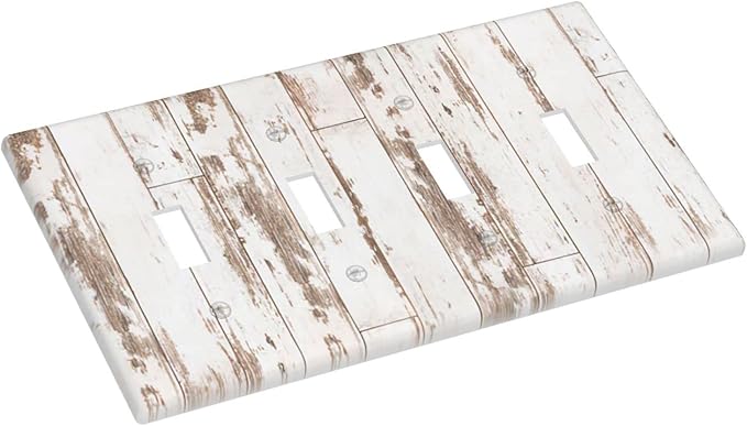 White Grey Wood 4 Gang Light Switch Cover Decorative Quad Toggle Wall Plate Decorative Electrical Faceplate for Kitchen Home Barn Farmhouse Decorate Large 8" x 4.5