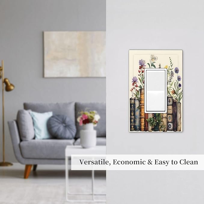 Plant Floral Books Colorful Flower Decorative Outlet Covers 1 Gang Single Rocker Light Switch Cover Plate Wall Plates GFCI Faceplate for Kids Room Bedroom Decor