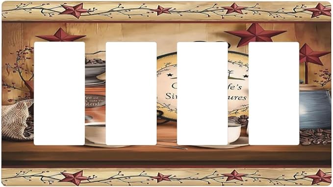 Kitchen Western Cabin Coffee Beans 4 Gang Screwless Quad Decorator Wall Plate Country Lodge Life Cafe Electrical Quadruple Device Rocker/Gfci Dimmer Receptacle Outlet Light Switch Cover Face Plate