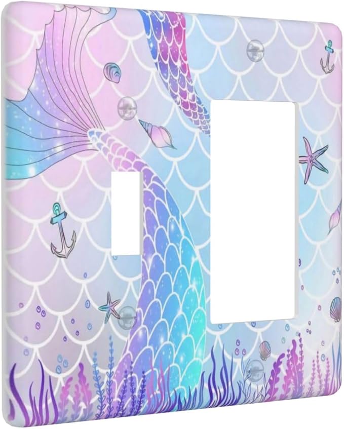 Purple Pink Mermaid Tail Scales Starfish Decorative Single Toggle/Rocker Combo Light Switch Cover 2-Gang Cute Kids Girl Electrical Wall Plate Double Combination Switch Decorator GFCI Receptacle Cover
