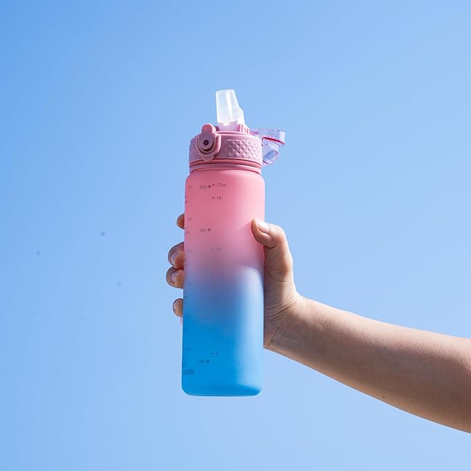 OLDLEY Kids Water Bottle for School, 17 oz (2 lids) BPA-Free Reusable Leak-proof Durable Tritan Plastic Water Bottles with Straw & Chug Lids, Anti-dust Spout Cover (Pink Blue)