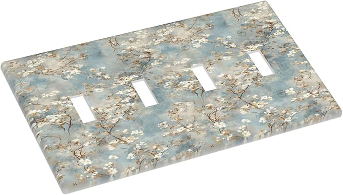 Decorative Light Switch Cover Plate Rustic Blue White Plum Blossom Flower 4 Gang Wall Plates for Electrical Quad Toggle Switch Plate Covers Outlet Covers Faceplate for Bedroom Decor