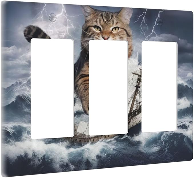 Decorative Outlet Covers Funny Cat Sea Ship Ocean Billow Wave Novelty 3 Gang Wall Plate Triple Rocker Switch Light Switch Plate Covers Jumbo Electrical GFCI Switch Cover Plate
