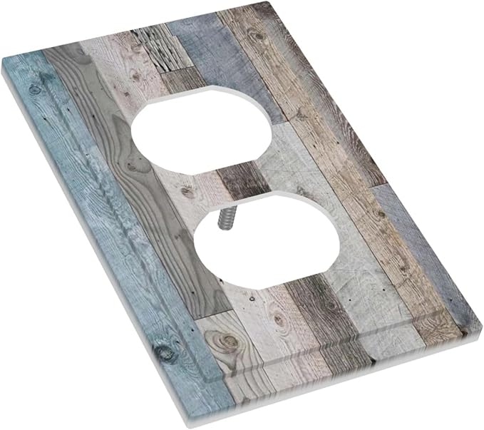 1 Gang Duplex Receptacle Outlet Cover Retro Rustic Vintage Barn Western Blue Grey Wood Plank Country Old Garage Style Electrical Wall Plate One Gang Dual Device Light Switch Faceplate Socket Cover