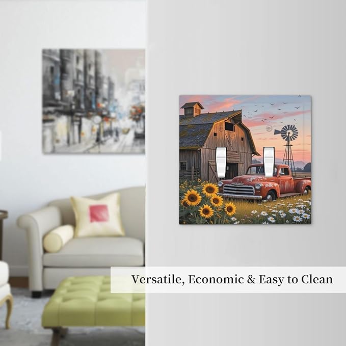 Rustic Barn Red Truck Windmill Sunflower Decorative Switch Plates 2 Gang Double Toggle Outlet Light Switch Cover Wall Plate Electrical Faceplate for Farmhouse Home Decor