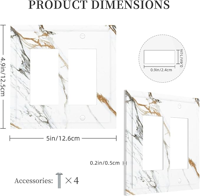White Gold Marble Modern Abstract Luxury Print Decorative Outlet Covers 2 Gang Double GFCI Rocker Electrical Wall Panels Light Switch Cover Plate for Bathroom Kitchen Decor