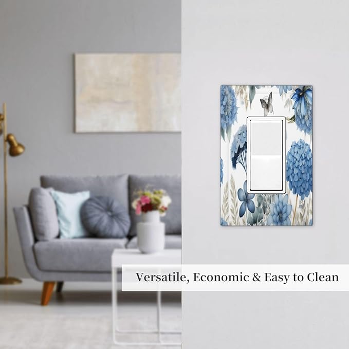 Blue Floral Hydrangea Floral Butterfly Flower Plant Decorative Outlet Covers 1 Gang Single Rocker Light Switch Cover Plate Wall Plates GFCI Faceplate for Bedroom Living Room Decor