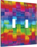 3D Colorful Rainbow Wall Abstract Squre Shaped Double Toggle Light Switch Covers Decorative Unique 2 Gang Wall Plate Dual Electrical Faceplate Switchplate for Bathroom Living Room Decor