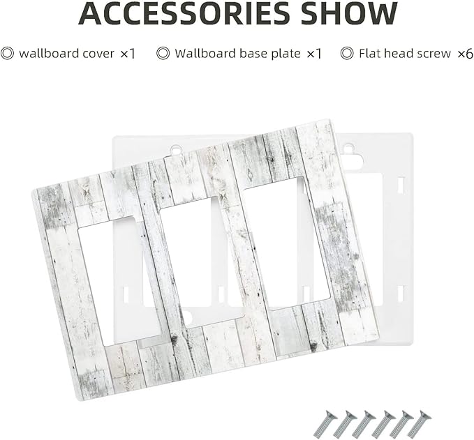 Grey White Wood 3 Gang Triple Rocker/Decor Light Switch Wall Plate Cover Decorative Electrical Faceplate for Kids Living Room Bedroom Decor Screwless 6.57" x 4.65