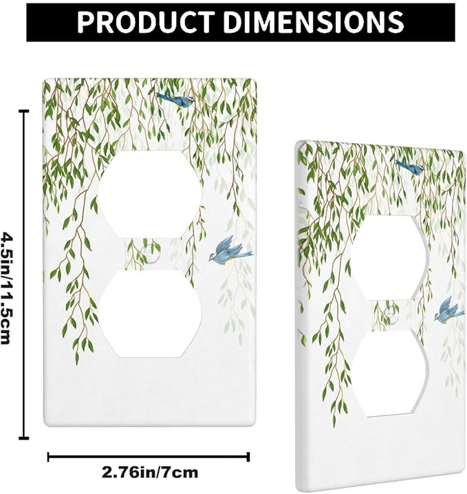Green Eucalyptus Leaves Outlet Cover, Spring Summer Hummingbird 1-Gang Duplex Receptacle Wall Plate for Fresh Nature Home Bedroom Decor