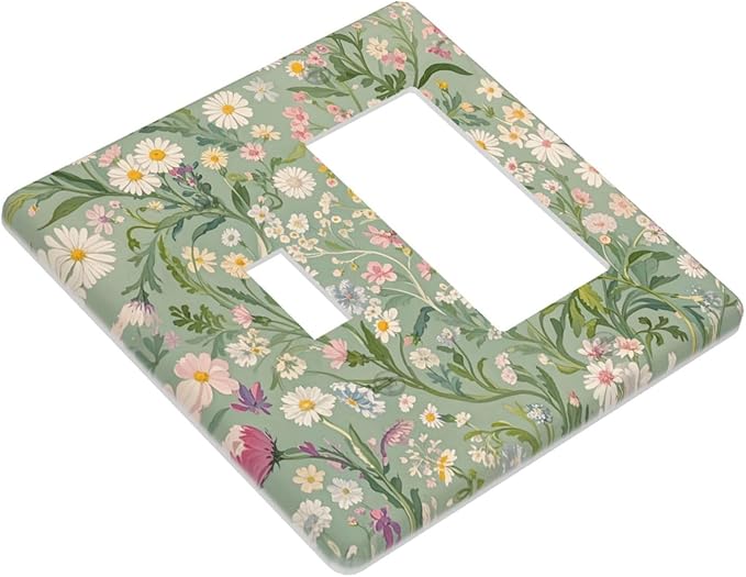 Decorative Toggle Switch Cover Plate with Vintage Wildflowers & Daisies Design 1/2-Gang Standard Toggle Wall Plate Light Green Outlet Cover Kitchen/Bedroom