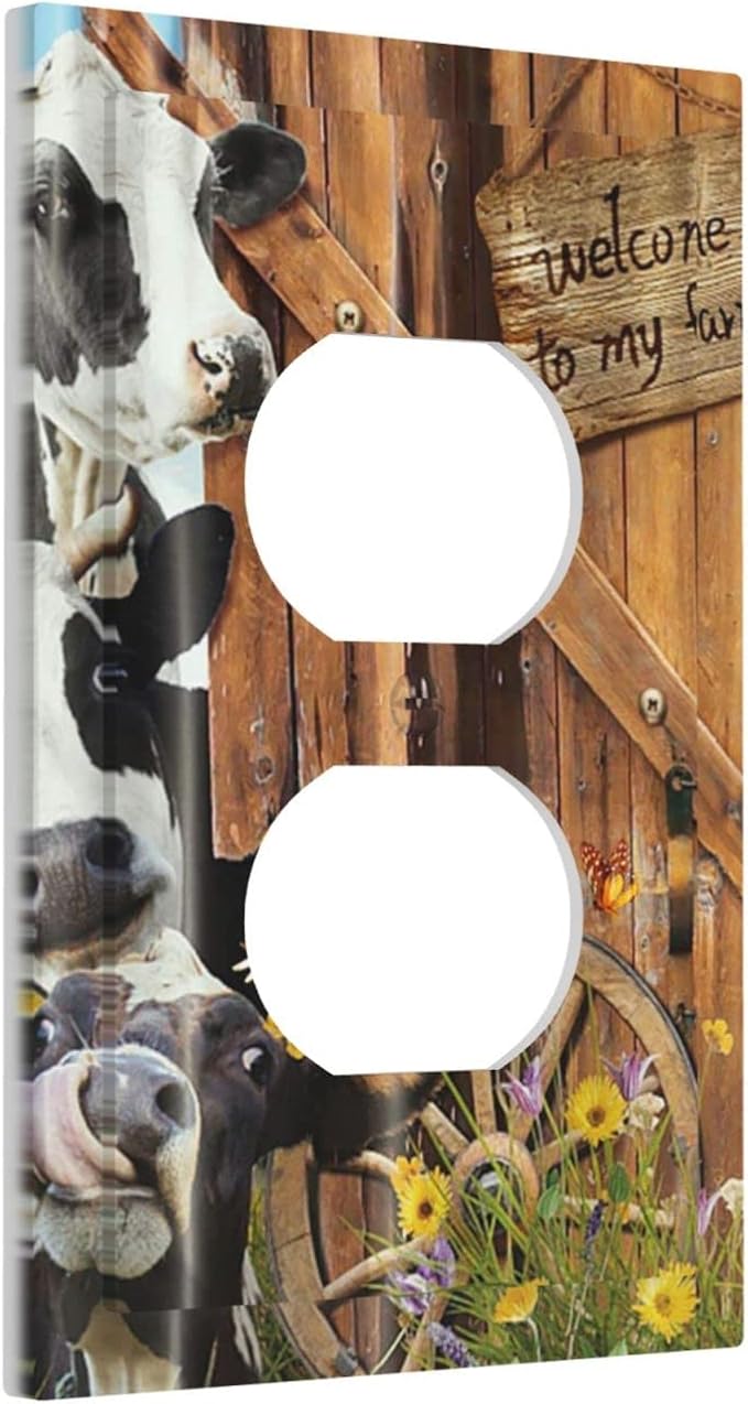 Decorative Switch Plate Covers Farm Cow Farmhouse Barn Door Rustic Vintage Wooden 1 Gang Receptacle Duplex Wall Plate Light Switch Cover Single Dual Device Outlet Plate Electrical Faceplate