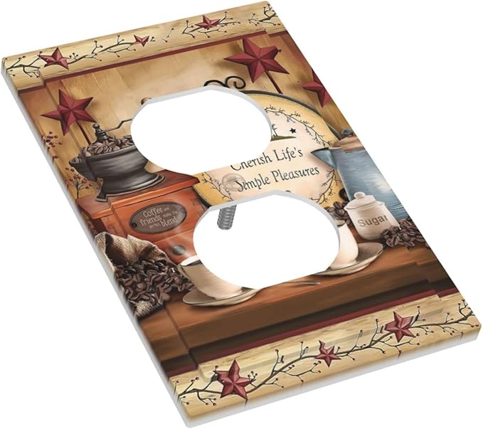 Retro Kitchen Coffee Beans Cafe Cup Theme 1 Gang Duplex Wall Plate Receptacle Outlet Covers Country Life Texas Star Bar Clock Decorative Electrical Dual Device Light Switch Plug Socket Faceplate Cover