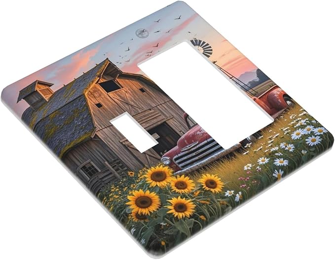 Rustic Barn Red Truck Windmill Sunflower Outlet Covers 1 Toggle 1 Rocker Combination Decorative Wall Plate Electrical Switch Plates Light Switch Cover Plate for Farmhouse Home Decor