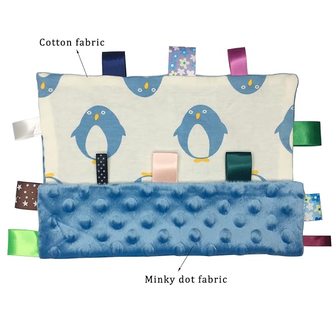 Lovey Baby Soft Plush Taggy Blanket - Minky Dot Comfort Appese Towel, Penguin Pattern, Newborn Toddler Gift, 9 x 9 inches - Blue