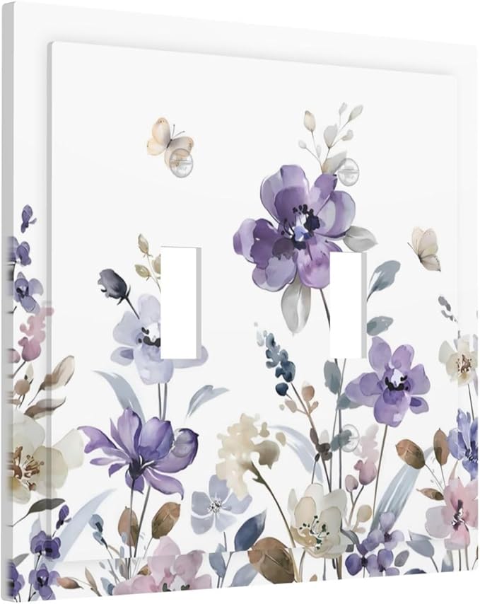 Purple Watercolor Flower Floral Butterfly Decorative Switch Plates 2 Gang Double Toggle Outlet Light Switch Cover Wall Plate Electrical Faceplate for Bedroom Living Room Decor
